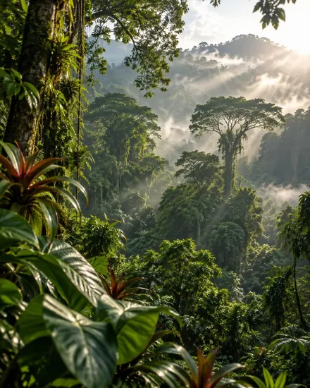 Dichter tropischer Regenwald mit Morgennebel und Sonnenstrahlen, symbolisches Bild