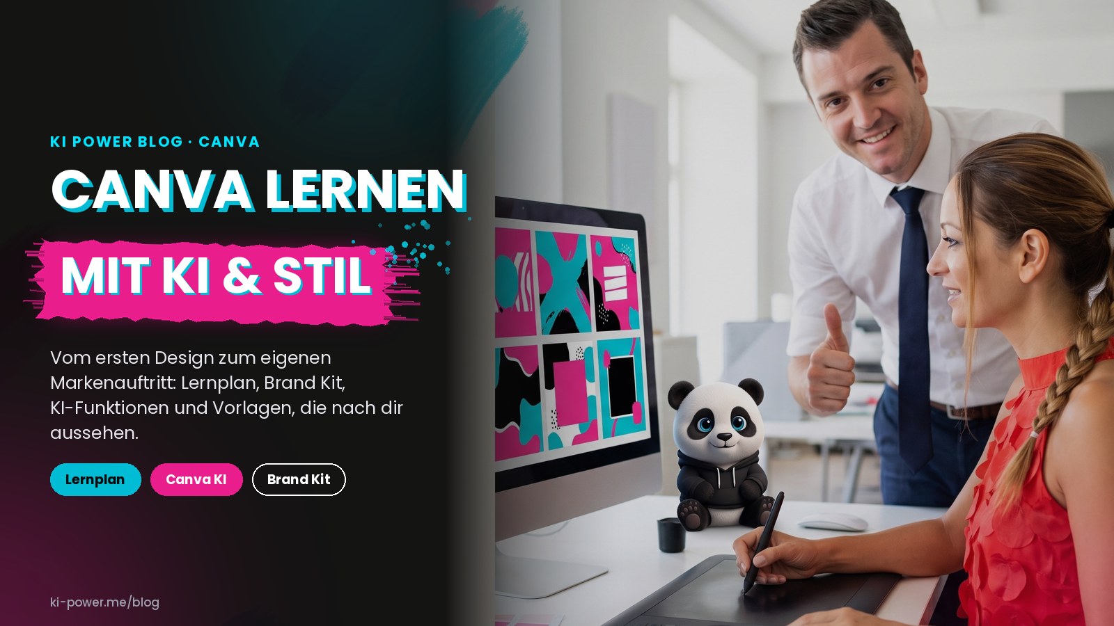 Janet Zentel gestaltet Social-Media-Posts in Pink und Türkis, Roger Basler de Roca zeigt Daumen hoch, daneben der KI-Power-Panda (KI-generiertes Bild auf Basis echter Fotos)