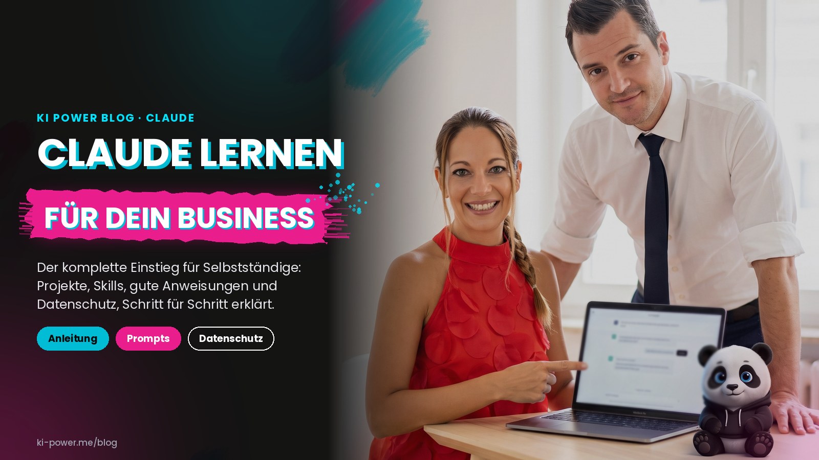 Janet Zentel und Roger Basler de Roca am Laptop mit Claude, daneben der KI-Power-Panda (KI-generiertes Bild auf Basis echter Fotos)