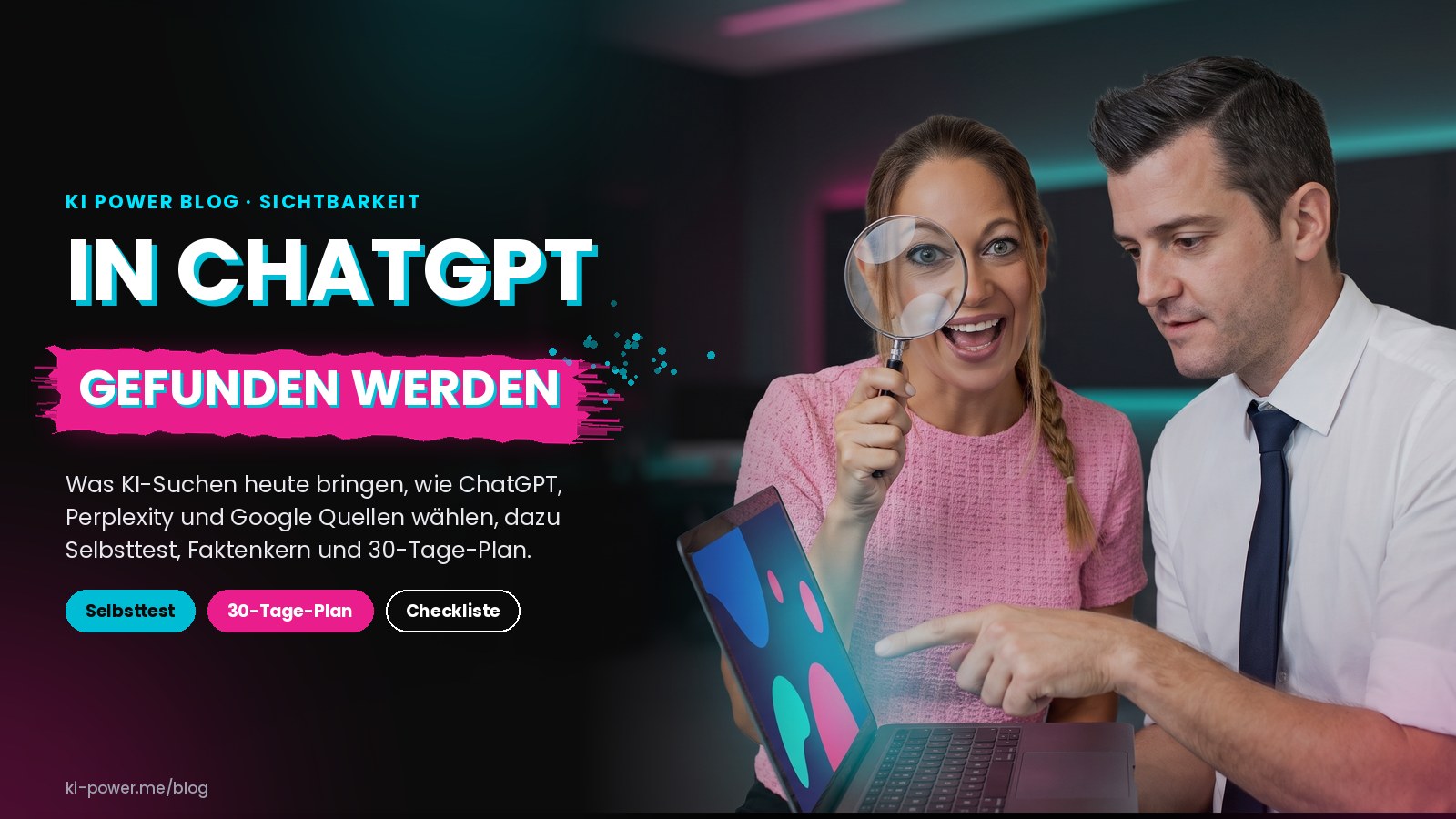 Janet Zentel schaut staunend durch eine Lupe, Roger Basler de Roca zeigt auf einen Laptop (KI-generiertes Bild auf Basis echter Fotos)