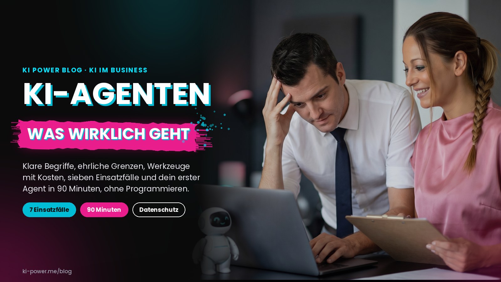 Roger Basler de Roca grübelt am Laptop, Janet Zentel lacht mit Klemmbrett, daneben steht ein kleiner Roboter (KI-generiertes Bild auf Basis echter Fotos)