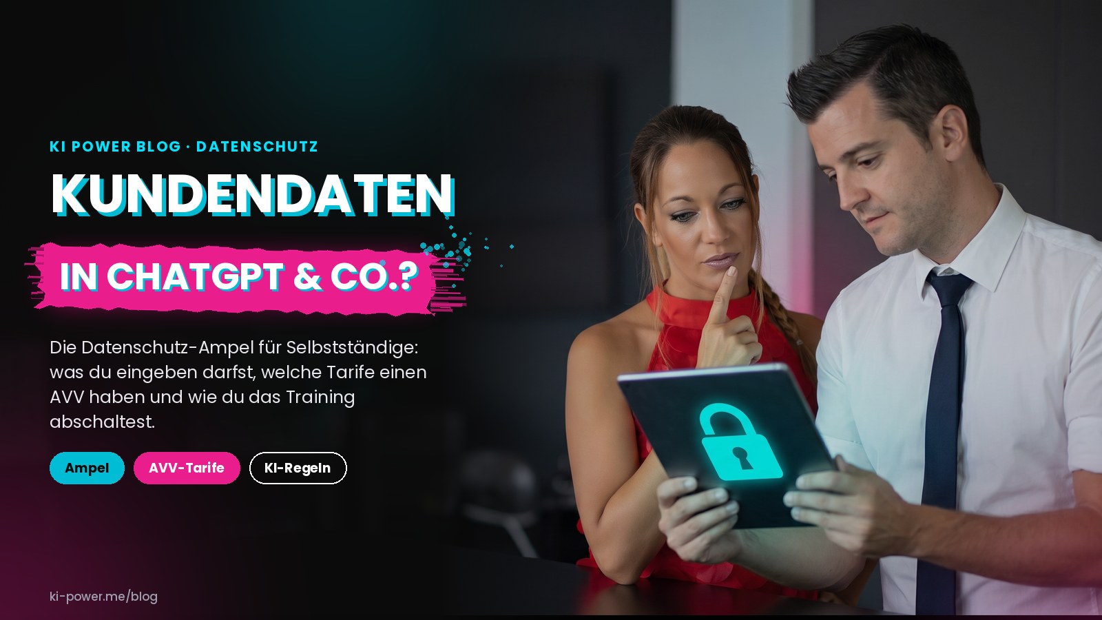 Janet Zentel und Roger Basler de Roca am Laptop, daneben eine Datenschutz-Ampel in Grün, Gelb und Rot für KI-Tools (KI-generiertes Bild auf Basis echter Fotos)