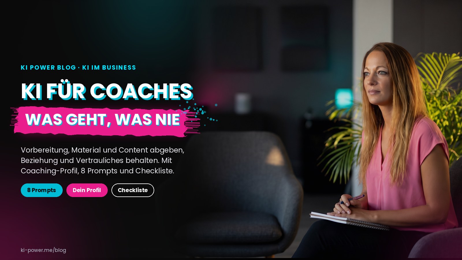 Janet Zentel sitzt mit Notizbuch nachdenklich in einem ruhigen Coachingraum (KI-generiertes Bild auf Basis echter Fotos)
