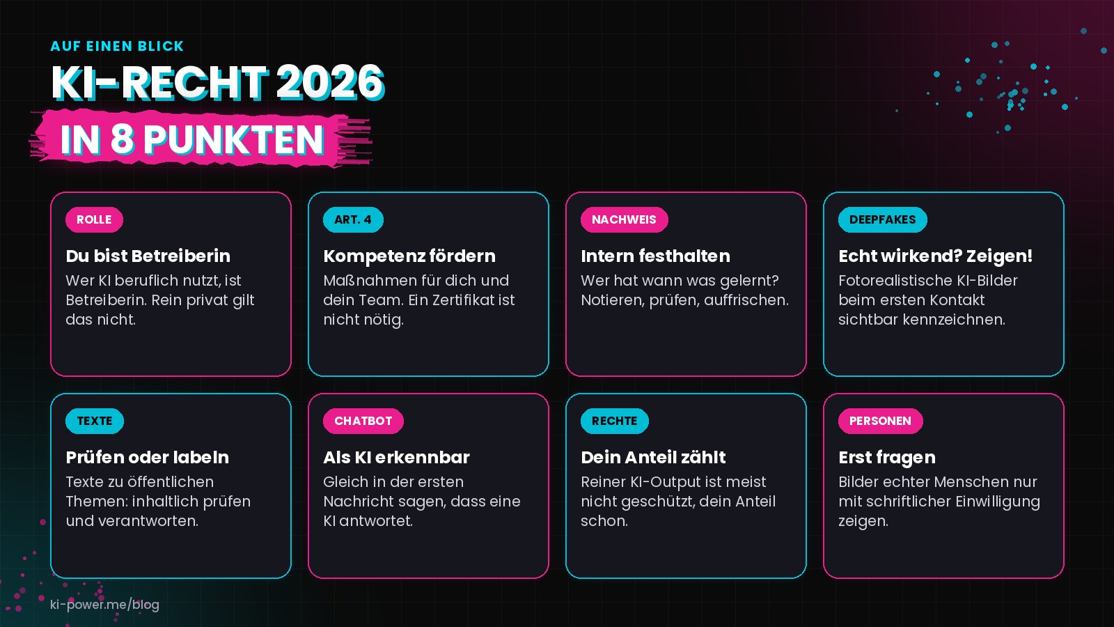 KI-Recht 2026 in 8 Punkten: Wer KI beruflich nutzt, ist Betreiberin; KI-Kompetenz fördern ohne Zertifikat; Maßnahmen intern festhalten; echt wirkende Deepfakes sichtbar kennzeichnen; Texte zu öffentlichen Themen prüfen oder kennzeichnen; Chatbots als KI erkennbar machen; reiner KI-Output ist meist nicht geschützt; Bilder echter Menschen nur mit Einwilligung.