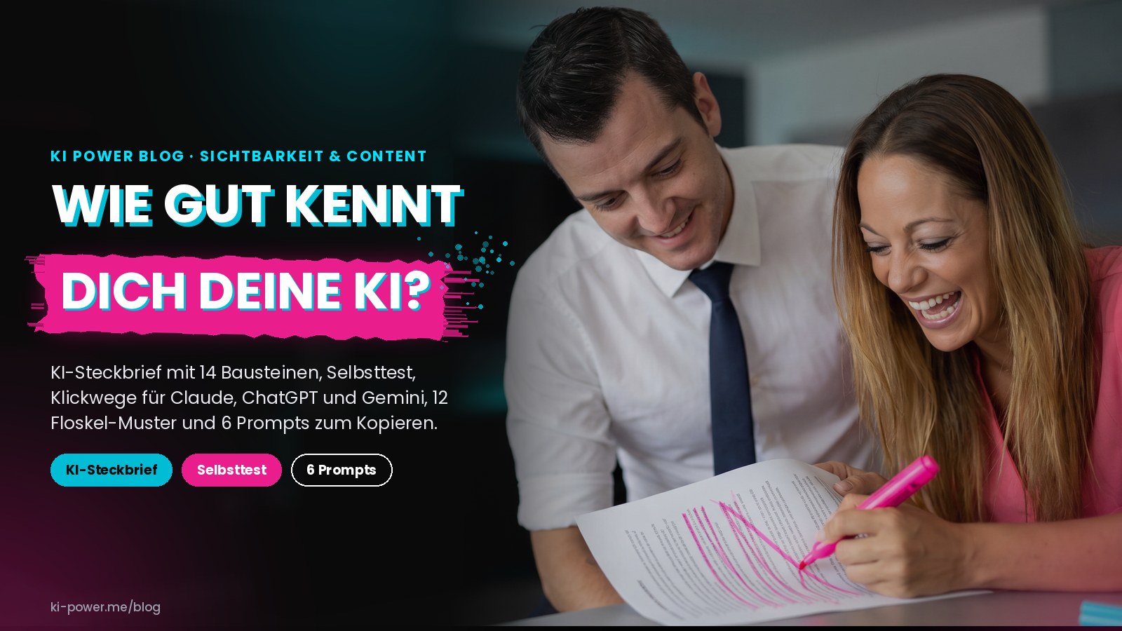 Janet Zentel markiert lachend mit pinkem Textmarker Floskeln in einem ausgedruckten Text, Roger Basler de Roca schaut ihr über die Schulter (KI-generiertes Bild auf Basis echter Fotos)
