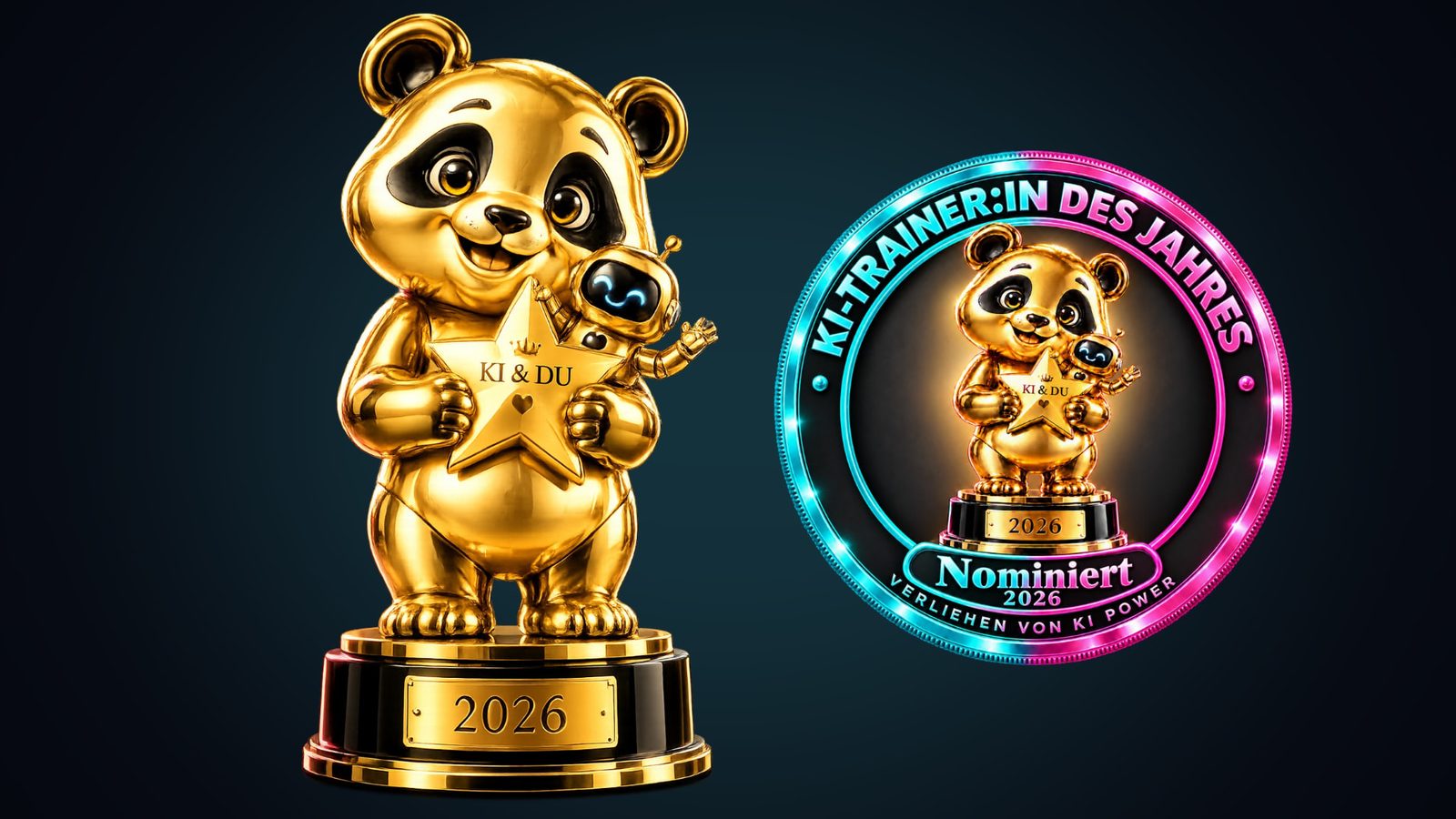 Goldene Panda-Trophäe mit Roboter und das Siegel Nominiert 2026 des Awards KI-Trainer:in des Jahres 2026