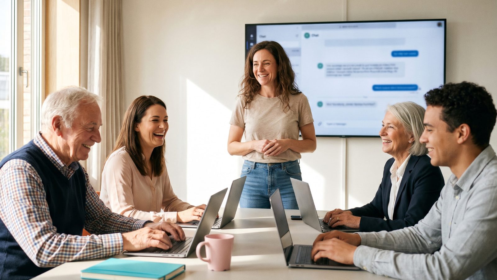 Teilnehmende arbeiten in einem KI-Workshop gemeinsam an Laptops, die Trainerin erklärt am Bildschirm