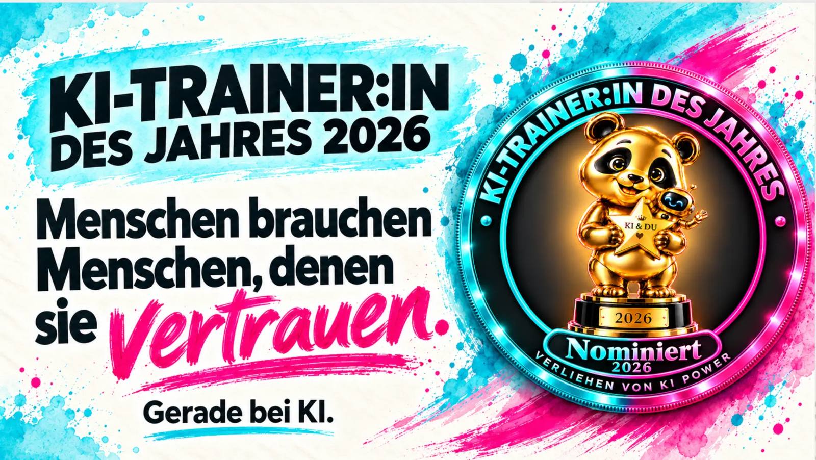 Banner zum Award KI-Trainer:in des Jahres 2026 mit dem Goldenen KI-Power-Panda und dem Siegel Nominiert 2026