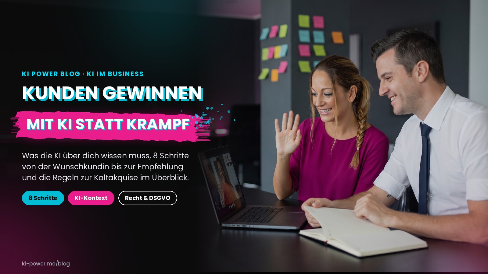 Janet Zentel winkt im Videocall einer Kundin zu, Roger Basler de Roca sitzt mit Notizbuch daneben (KI-generiertes Bild auf Basis echter Fotos)