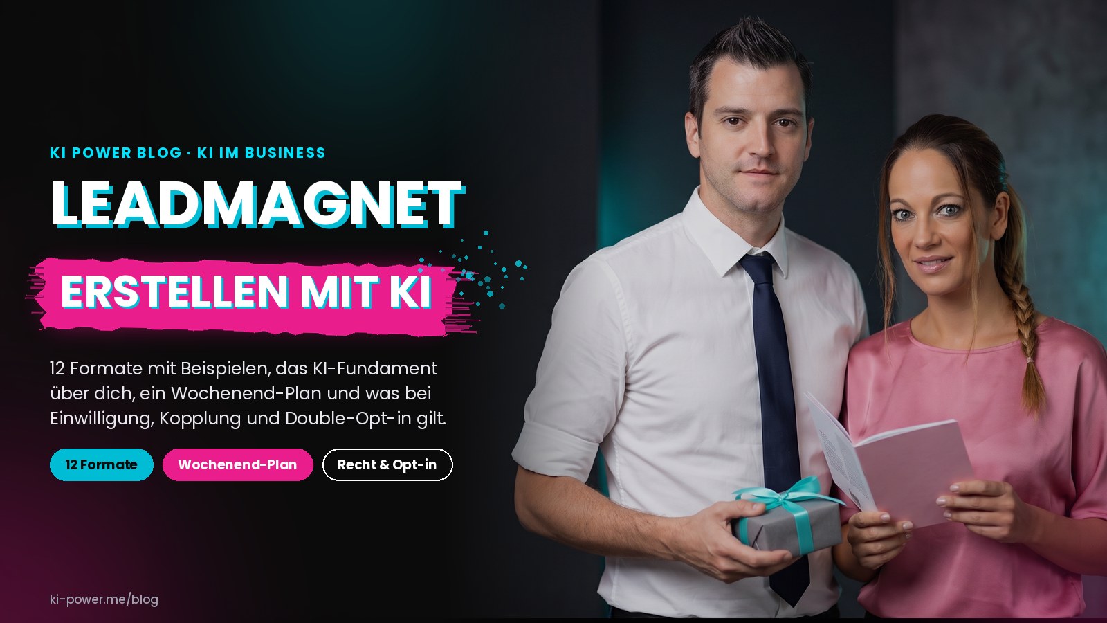Roger Basler de Roca hält ein kleines Geschenk mit Schleife, Janet Zentel ein Notizheft (KI-generiertes Bild auf Basis echter Fotos)
