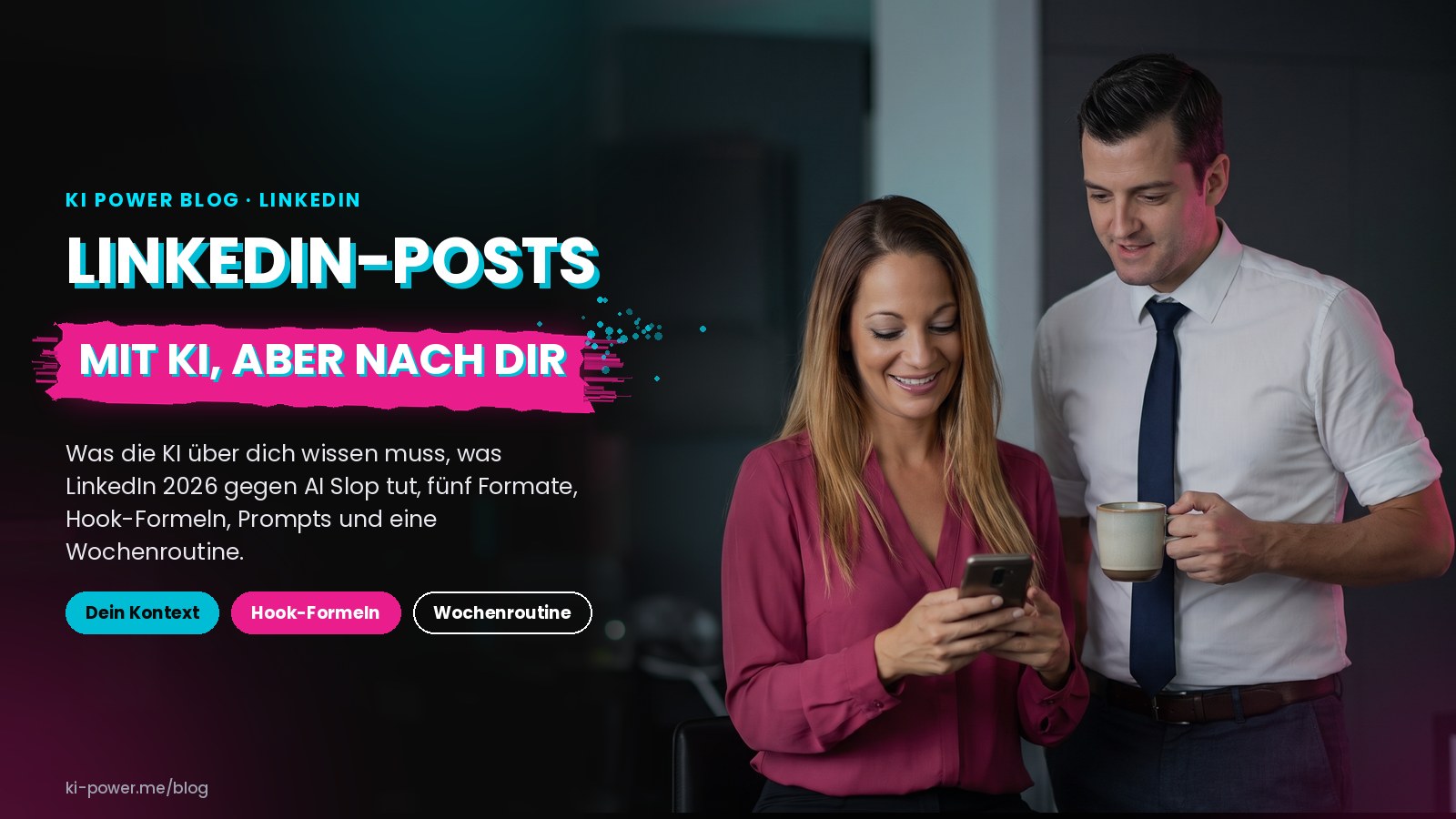 Janet Zentel liest lächelnd auf ihrem Handy, Roger Basler de Roca steht mit Kaffeetasse daneben (KI-generiertes Bild auf Basis echter Fotos)