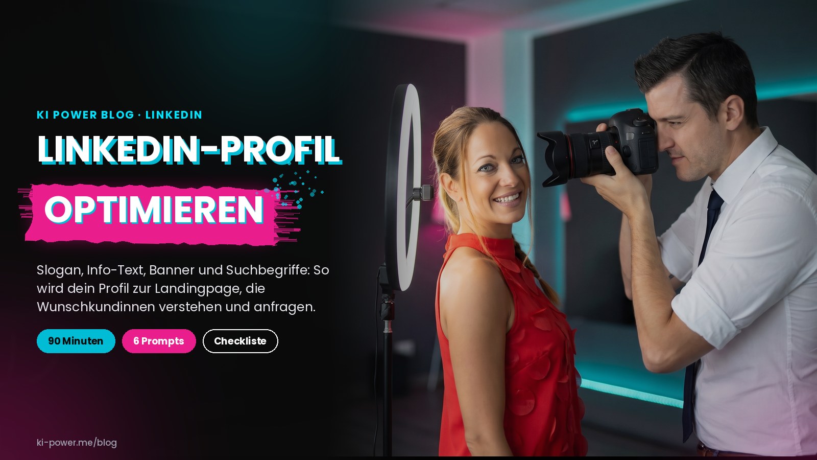 Roger Basler de Roca fotografiert Janet Zentel vor einem Ringlicht für ihr Profilfoto (KI-generiertes Bild auf Basis echter Fotos)