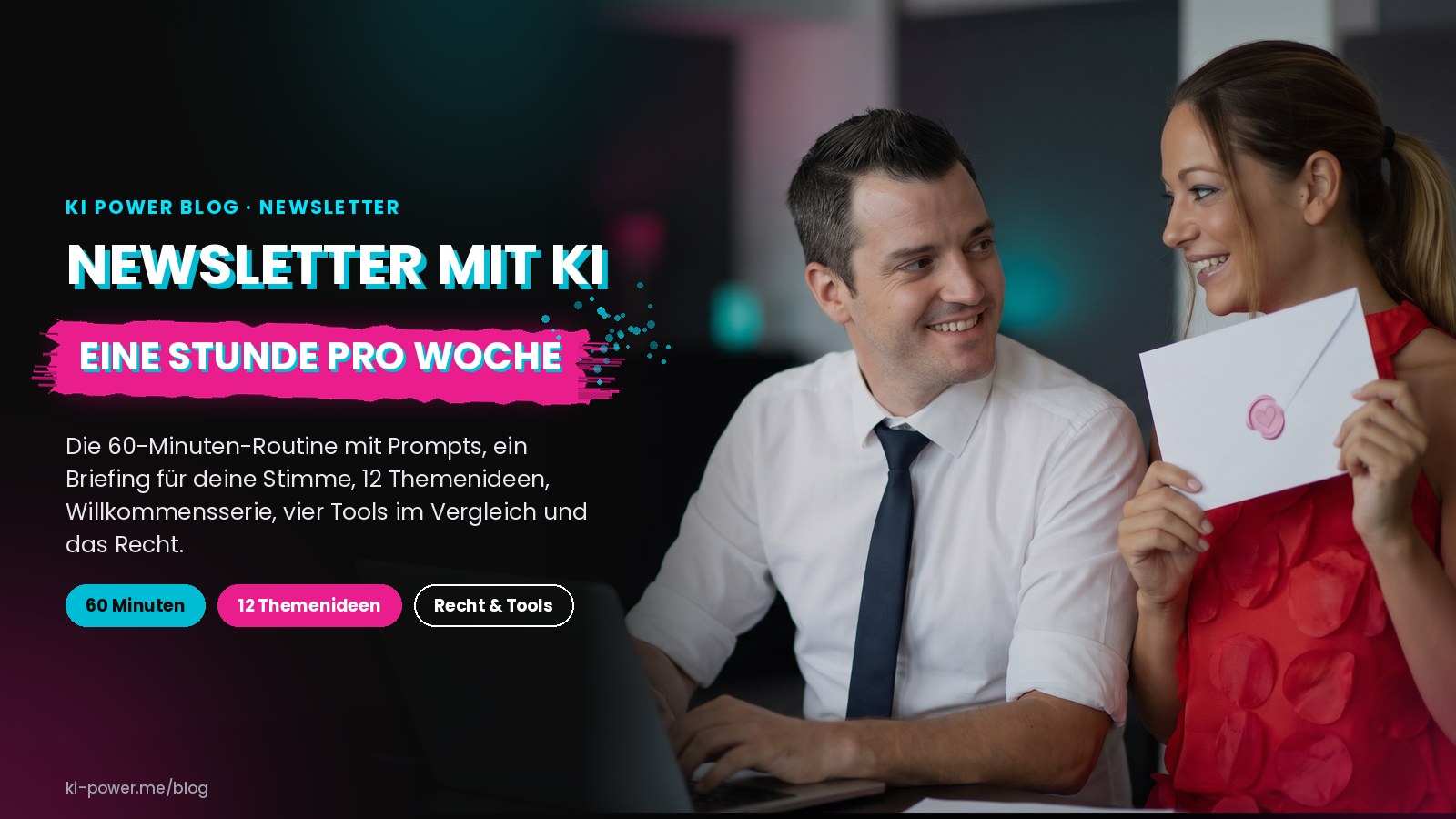 Janet Zentel hält einen Briefumschlag mit Siegel, Roger Basler de Roca lacht am Laptop (KI-generiertes Bild auf Basis echter Fotos)