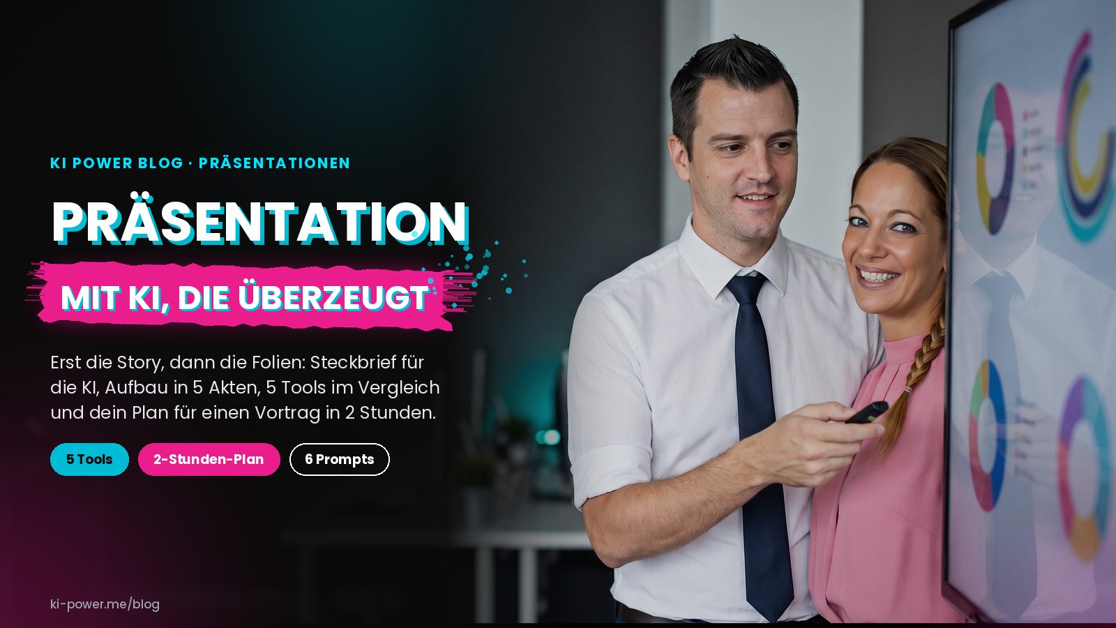 Roger Basler de Roca hält eine Fernbedienung vor einem Bildschirm mit Diagrammen, Janet Zentel lacht neben ihm (KI-generiertes Bild auf Basis echter Fotos)