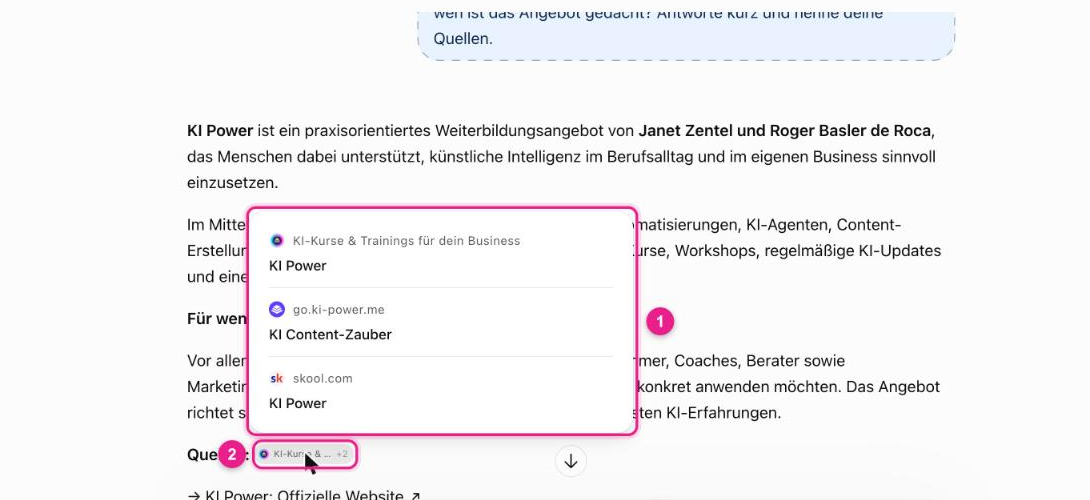 Screenshot: ChatGPT-Selbsttest zu KI Power im temporären Chat, aufgeklappte Quellen ki-power.me, go.ki-power.me und skool.com (1) nach Klick auf den Quellen-Chip unter der Antwort (2)