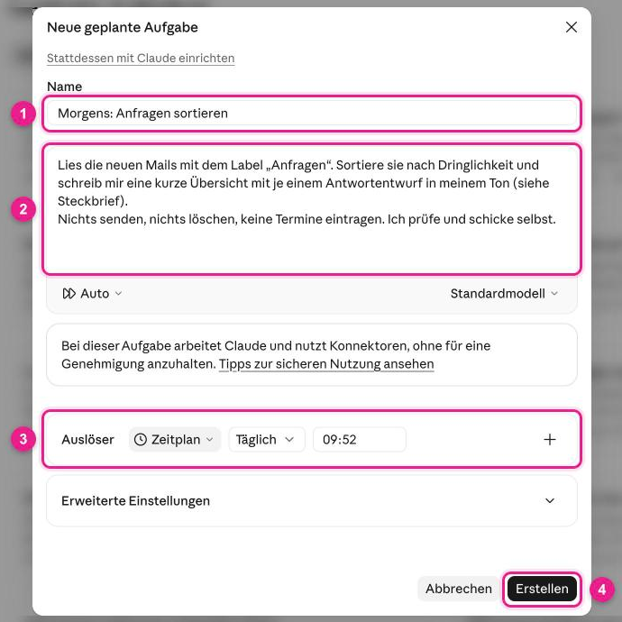 Screenshot: Claude, Dialog „Neue geplante Aufgabe“ mit dem Namen „Morgens: Anfragen sortieren“ (1), einer Anweisung mit „Nichts senden, nichts löschen, keine Termine eintragen“ (2), dem Auslöser „Zeitplan“ mit „Täglich“ und Uhrzeit (3) und dem Button „Erstellen“ (4)