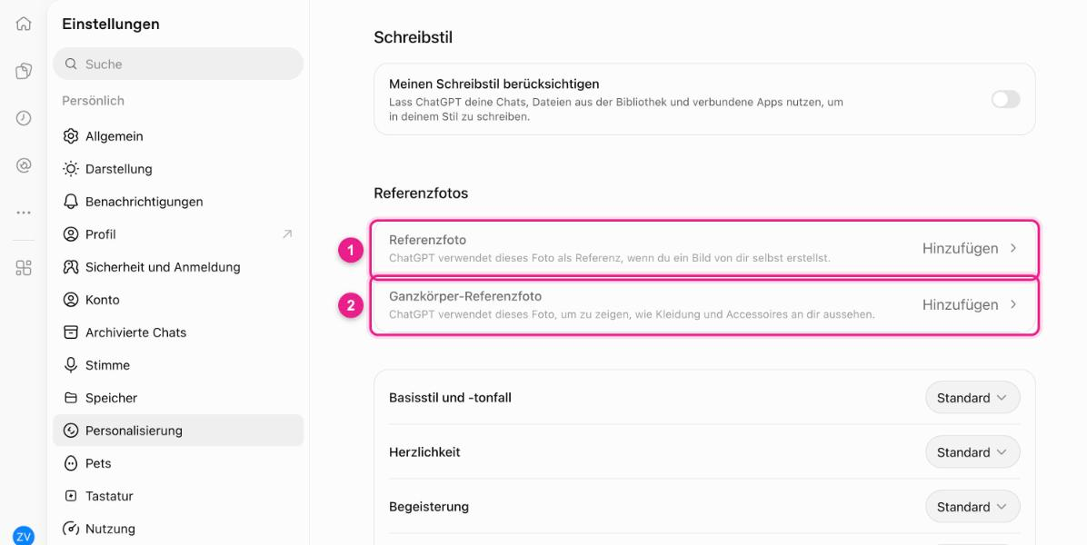 Screenshot: ChatGPT, Einstellungen → „Personalisierung“, Abschnitt „Referenzfotos“ mit „Referenzfoto“ (1) und „Ganzkörper-Referenzfoto“ (2), jeweils mit „Hinzufügen“