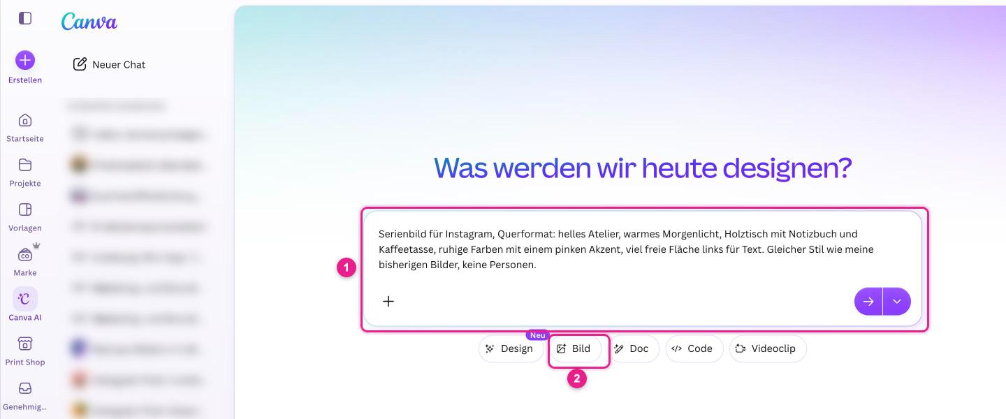 Screenshot: Canva, Seitenleiste „Canva AI“ mit eingetipptem Prompt für ein Serienbild im Querformat (1) und der Auswahl „Bild“ (2) unter dem Eingabefeld
