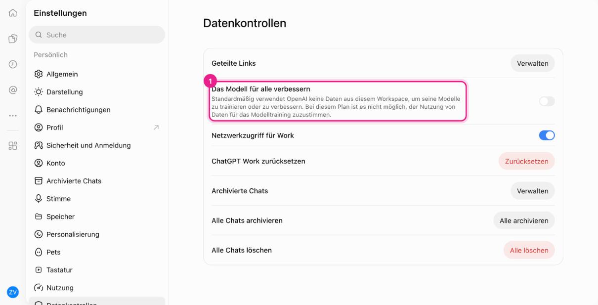 Screenshot: ChatGPT, Einstellungen → Datenkontrollen mit dem markierten Eintrag „Das Modell für alle verbessern“ in einem Business-Workspace