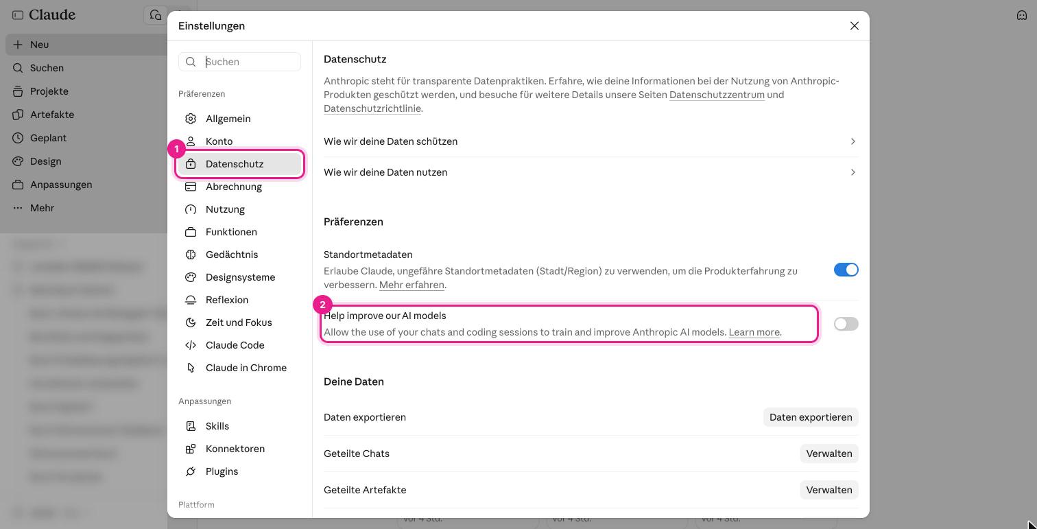 Screenshot: Claude, Einstellungen → Datenschutz (1), darunter der Schalter „Help improve our AI models“ (2)