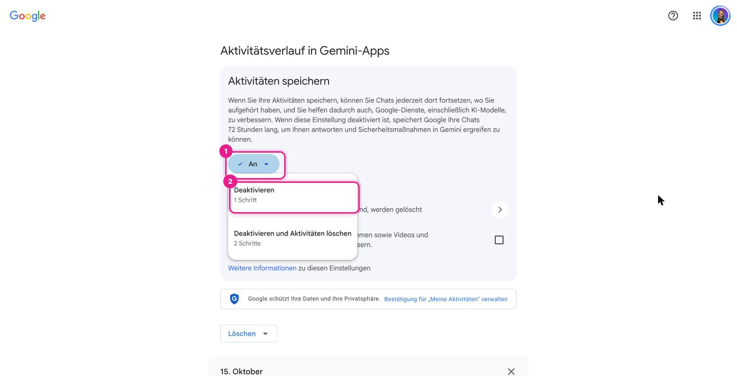 Screenshot: Gemini, Aktivitätsverlauf in Gemini-Apps mit der Schaltfläche „An“ (1) und der Option „Deaktivieren“ (2)
