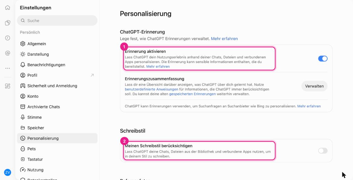 Screenshot: ChatGPT, Einstellungen → Personalisierung mit „Erinnerung aktivieren“ (1) und „Meinen Schreibstil berücksichtigen“ (2)