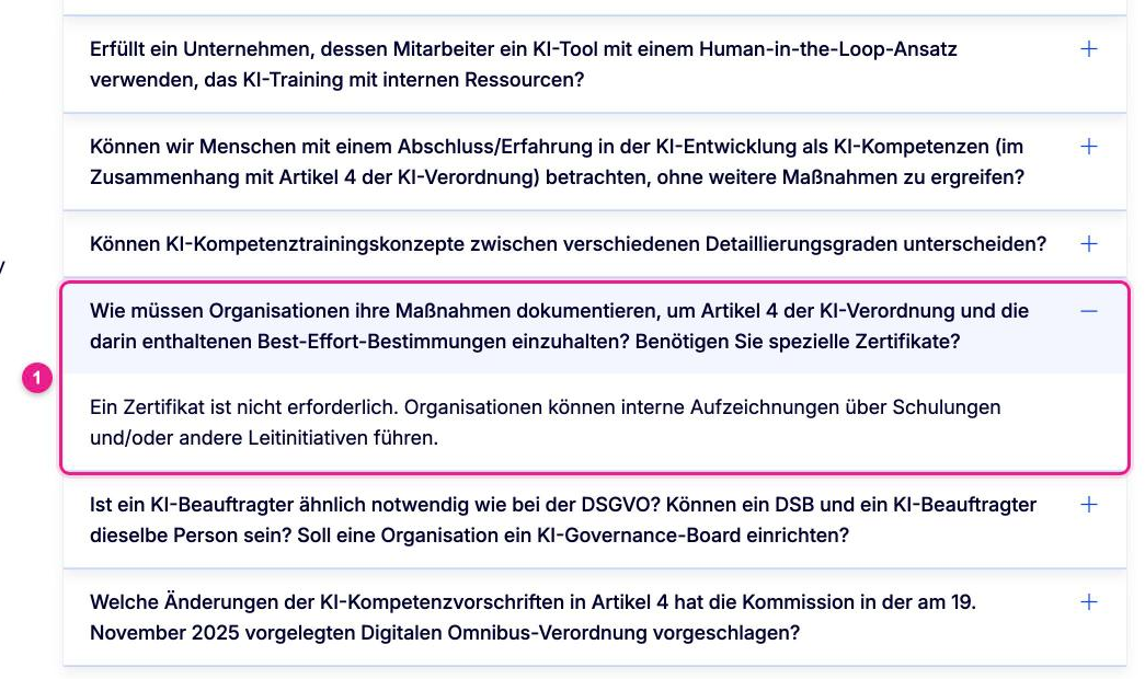 Screenshot: Fragen und Antworten der EU-Kommission zur KI-Kompetenz, aufgeklappte Frage nach Dokumentation und Zertifikaten mit der Antwort „Ein Zertifikat ist nicht erforderlich.“ (1)