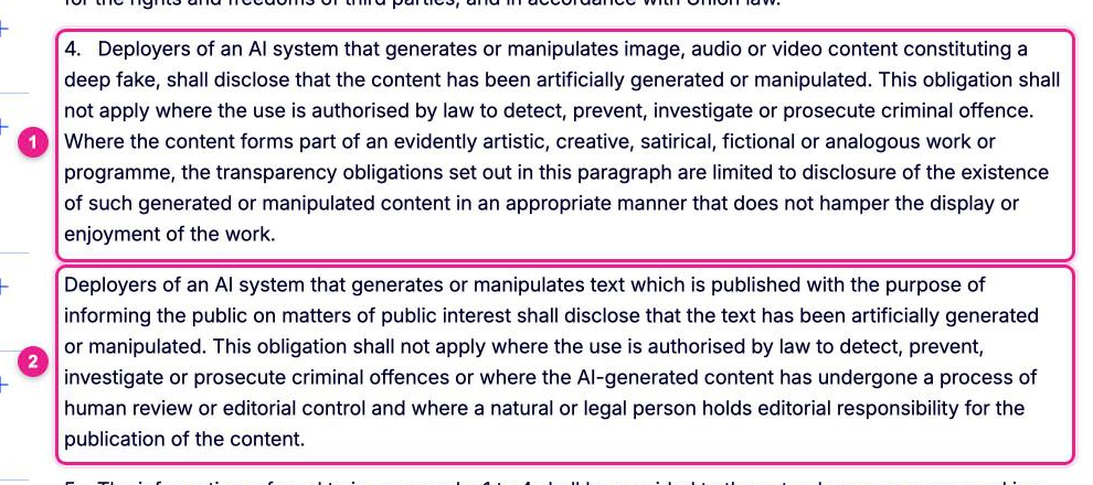 Screenshot: Art. 50 im AI Act Service Desk der EU-Kommission (englisch), Absatz 4 mit der Regel für Deepfakes (1) und dem Unterabsatz zu Texten von öffentlichem Interesse samt Ausnahme bei menschlicher Prüfung (2)