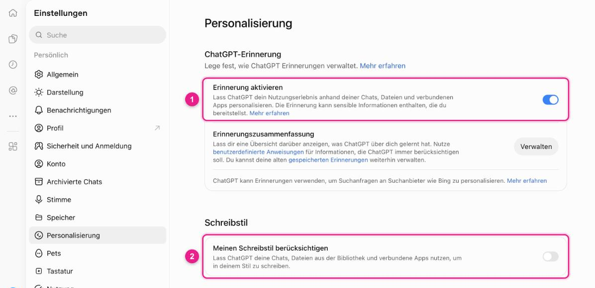 Screenshot: ChatGPT, Einstellungen → „Personalisierung“ mit dem Schalter „Erinnerung aktivieren“ im Abschnitt „ChatGPT-Erinnerung“ (1) und dem Schalter „Meinen Schreibstil berücksichtigen“ im Abschnitt „Schreibstil“ (2)