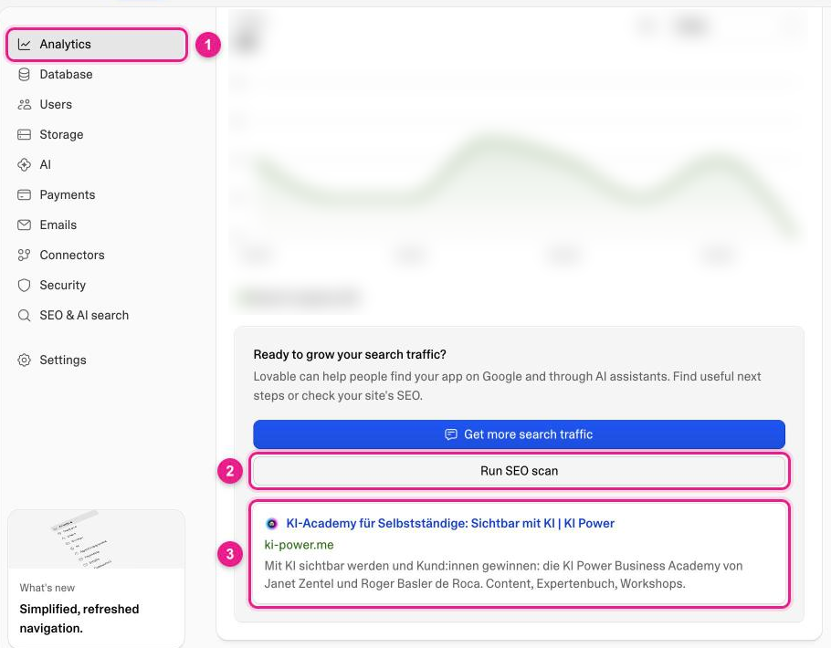 Screenshot: Lovable, Projektmenü „More“ mit „Analytics“ (1), Button „Run SEO scan“ (2) und Vorschau des Suchergebnisses mit Titel, URL und Beschreibung (3)