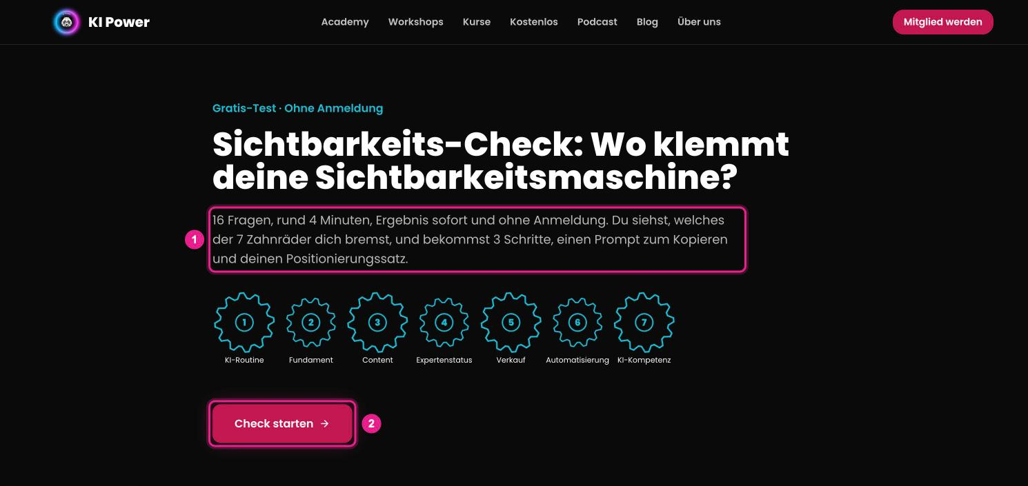 Screenshot: Startseite des Sichtbarkeits-Checks auf ki-power.me mit dem Versprechen „16 Fragen, rund 4 Minuten, Ergebnis sofort und ohne Anmeldung …“ (1), den sieben Zahnrädern und dem Button „Check starten“ (2)