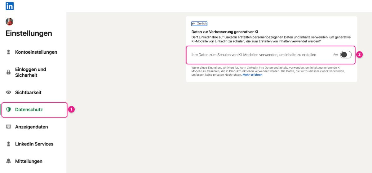 Screenshot: LinkedIn-Einstellungen, „Datenschutz“ (1) → „Daten zur Verbesserung generativer KI“ mit dem Schalter „Ihre Daten zum Schulen von KI-Modellen verwenden, um Inhalte zu erstellen“ auf „Aus“ (2)