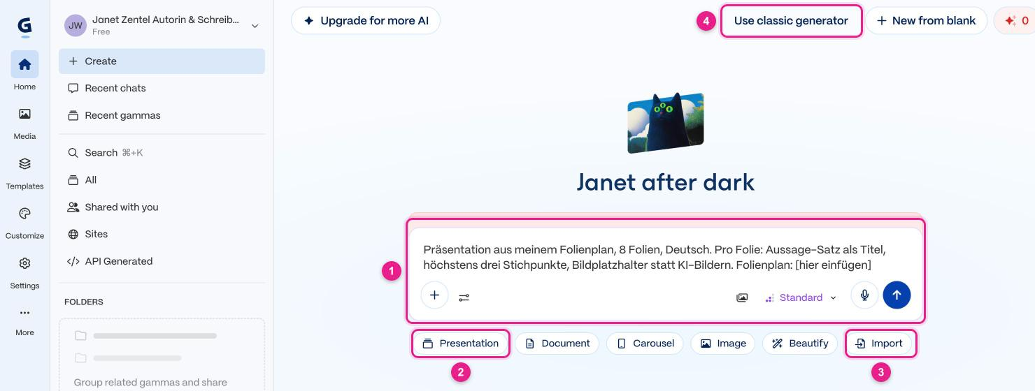 Screenshot: Gamma 5, Startseite mit Präsentations-Prompt im Eingabefeld (1), den Buttons „Presentation“ (2) und „Import“ (3) sowie „Use classic generator“ oben rechts (4)