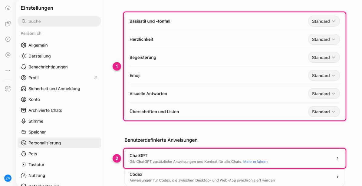 Screenshot: ChatGPT, Einstellungen → „Personalisierung“ mit den Stilreglern „Basisstil und -tonfall“, „Herzlichkeit“, „Begeisterung“, „Emoji“, „Visuelle Antworten“ und „Überschriften und Listen“, jeweils auf „Standard“ (1), darunter „Benutzerdefinierte Anweisungen“ mit dem Eintrag „ChatGPT“ (2)